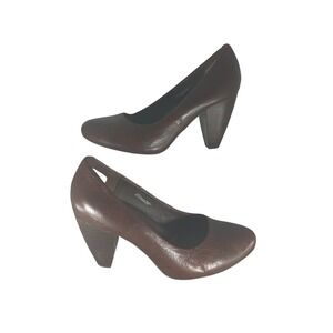 Born Crown Brown Leather Round Toe Stacked Cone Heel Pumps W82512 Womens 9 40.5